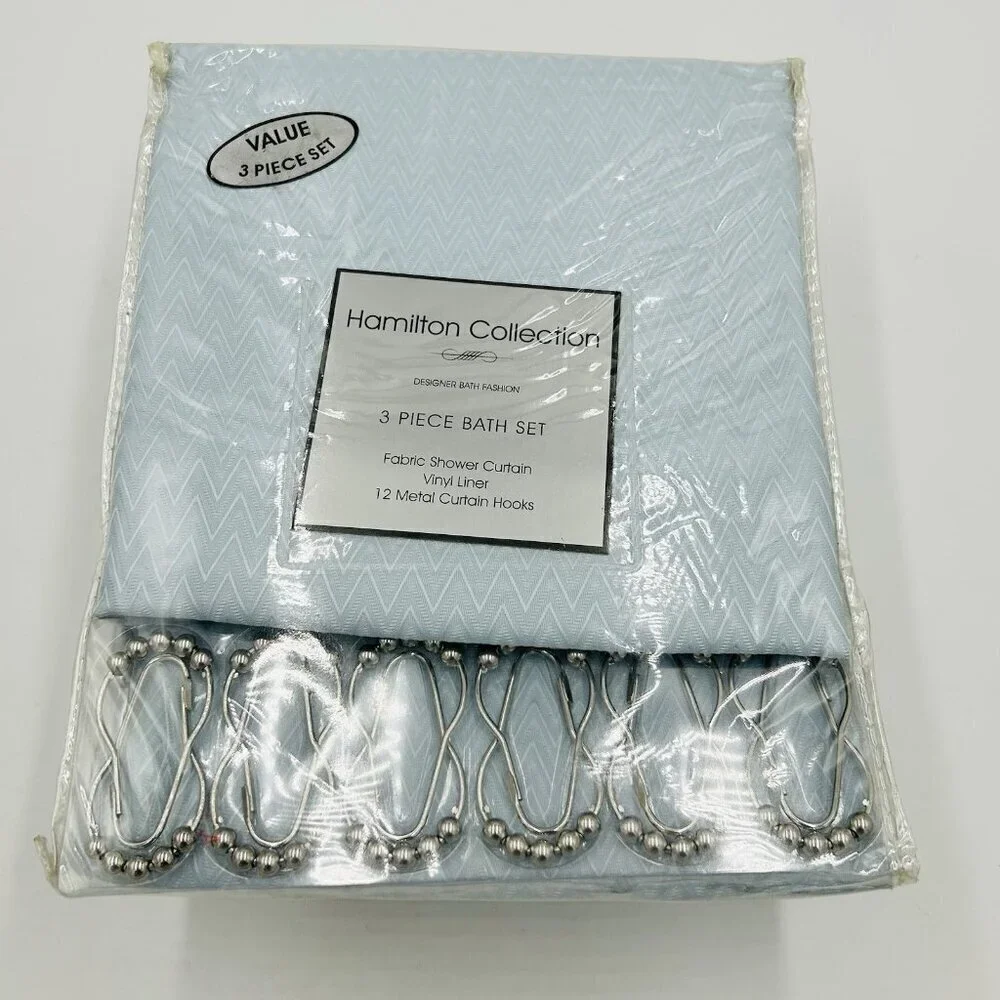 Hamilton Collection 3 Piece Bath Set Textured Shower Curtain, Liner & 12 Hooks